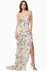 Floral Print Ruffled V Neck High Slit Tiered Maxi Dresses-Pink